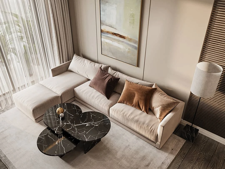 Сучасний диван з оригінальною оббивкою у вітальні для затишку та стилю.