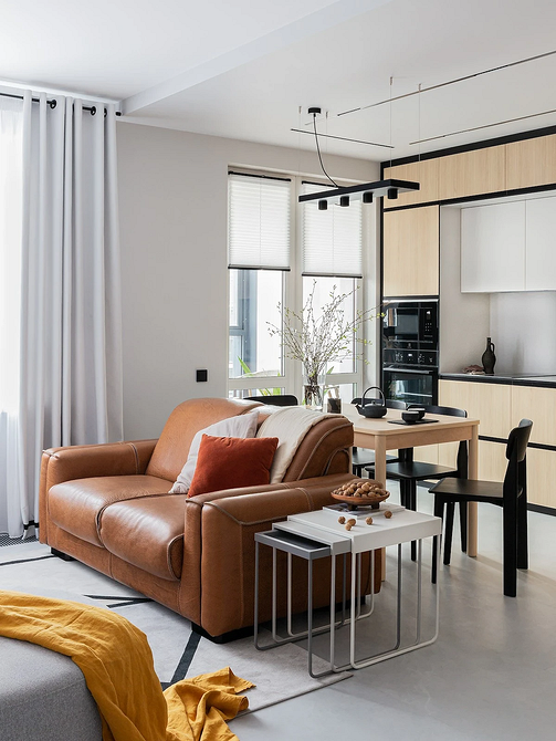 Сірий диван з дерев'яними ніжками у вітальні з рослинами та декором