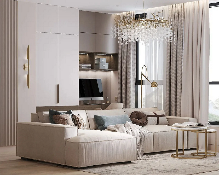 Диван у вітальні з мінімалістичним дизайном та акцентом на функціональності простору.