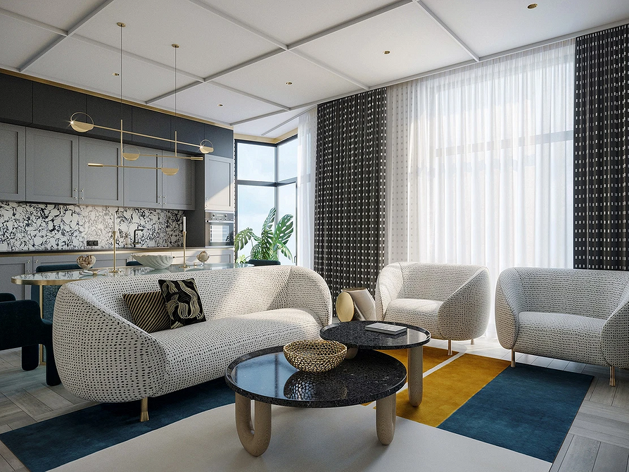 Інтер'єр вітальні з кутовим монохромним диваном та журнальним столиком.