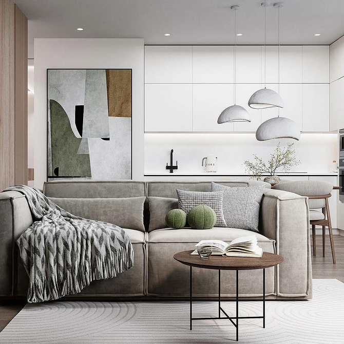 Сучасний дизайн вітальні з великим темно-сірим диваном та декоративними подушками