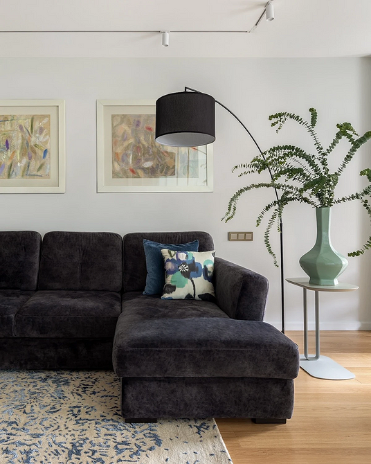 Інтер'єр вітальні з темним шкіряним диваном та килимом в тон