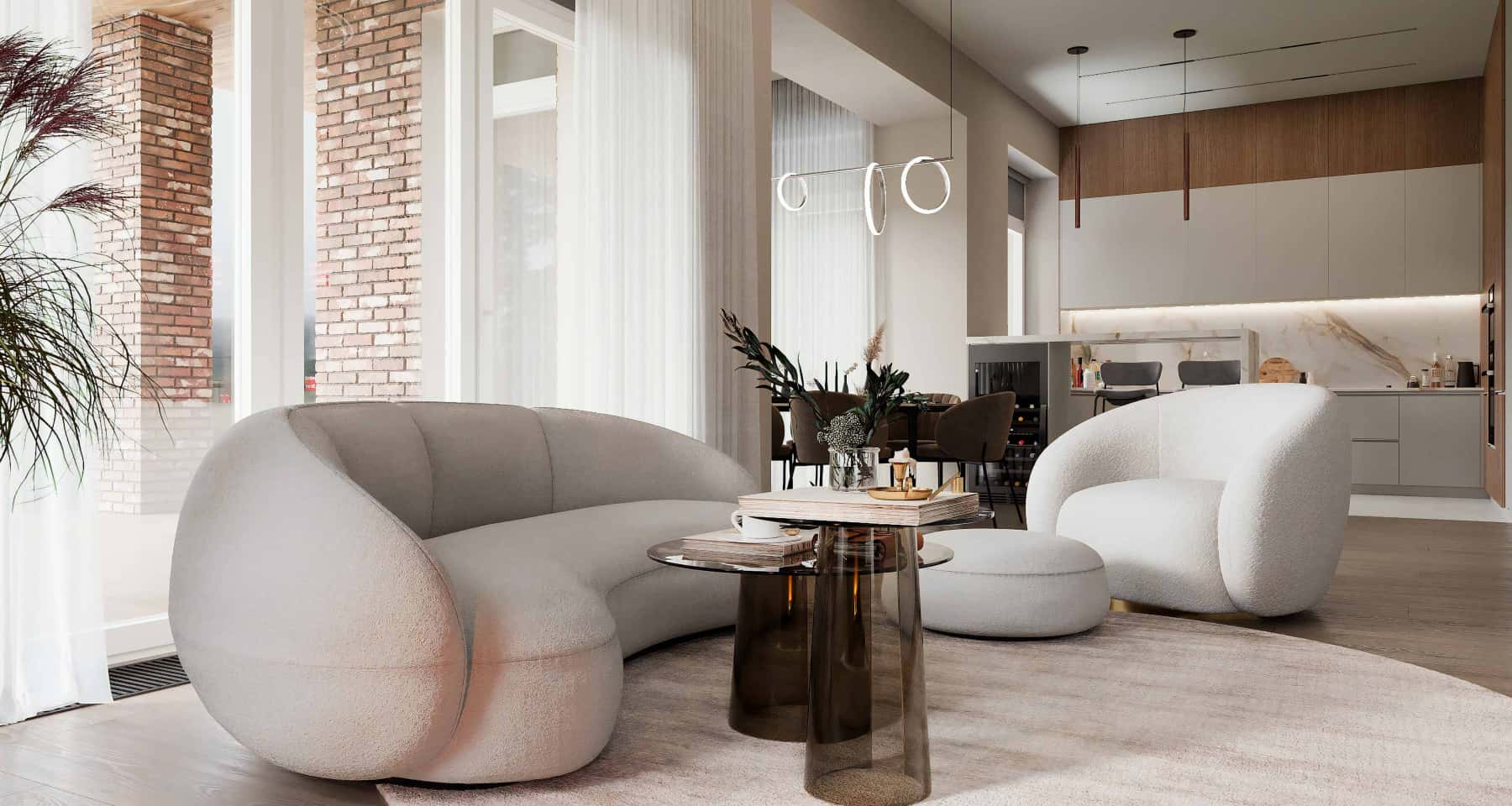 Інтер'єр котеджу в еко стилі з панорамними вікнами і дерев'яними елементами