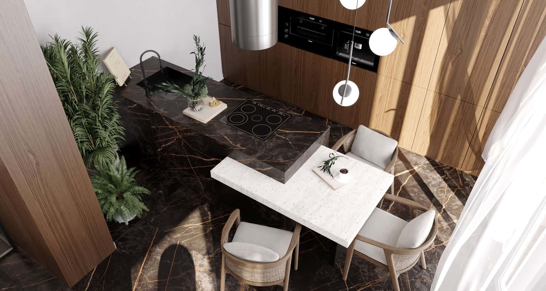 Дизайн котеджу з панорамними вікнами: простора їдальня з видом на ліс, елегантність.