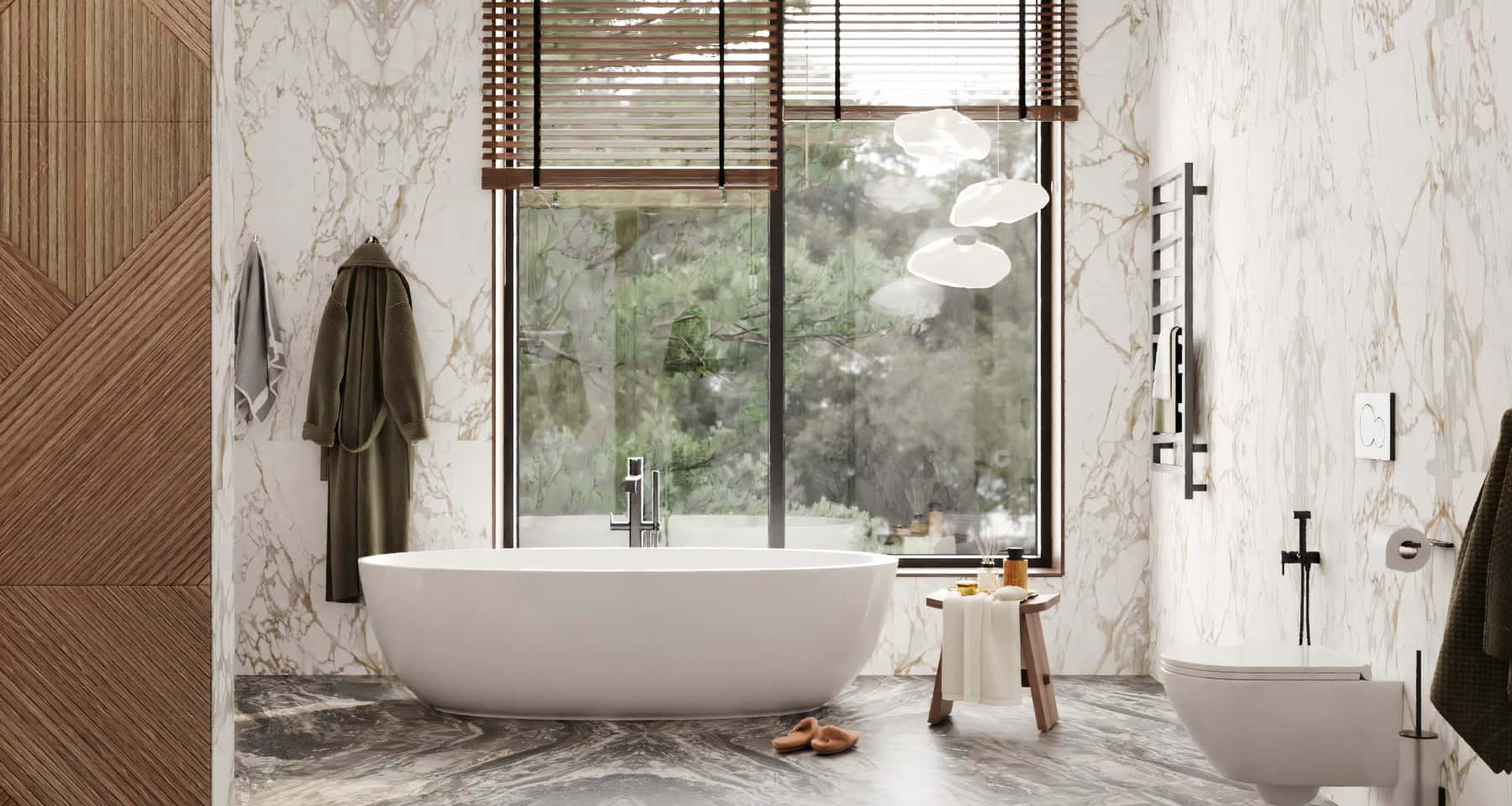 Стильний інтер'єр вітальні з панорамним вікном, мінімалістичні меблі та камін.