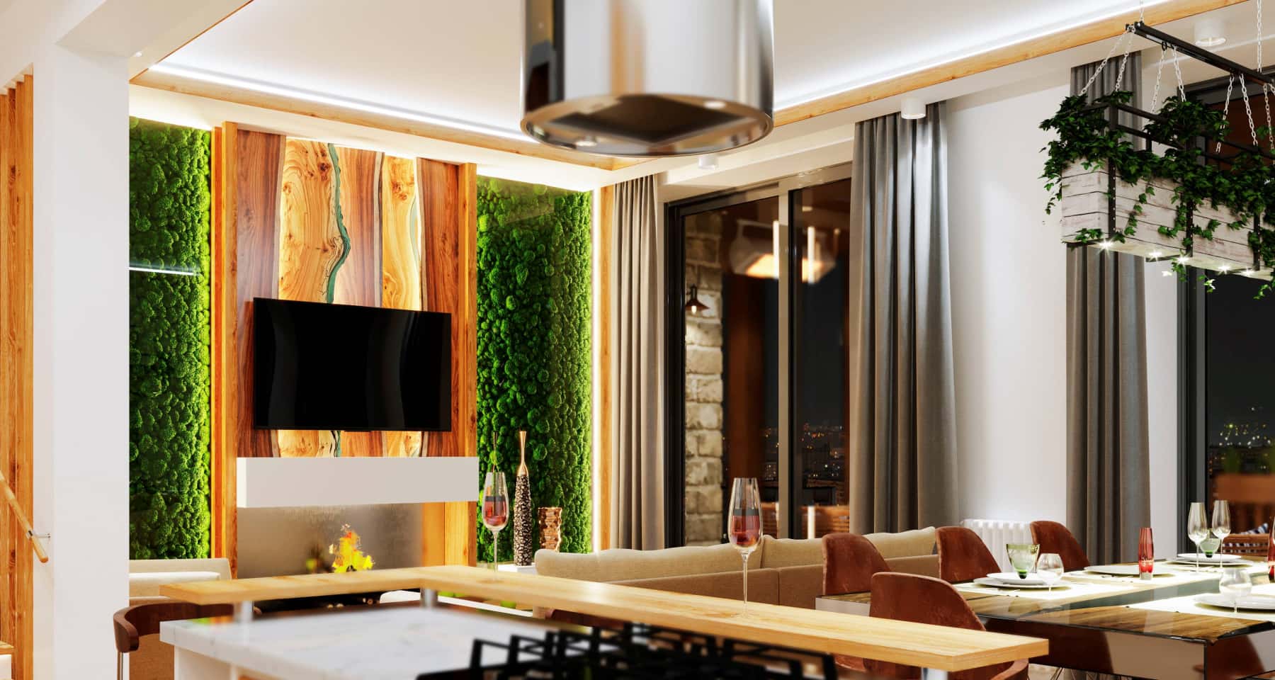 Сучасний дизайн вітальні з панорамними вікнами та зручними диванами