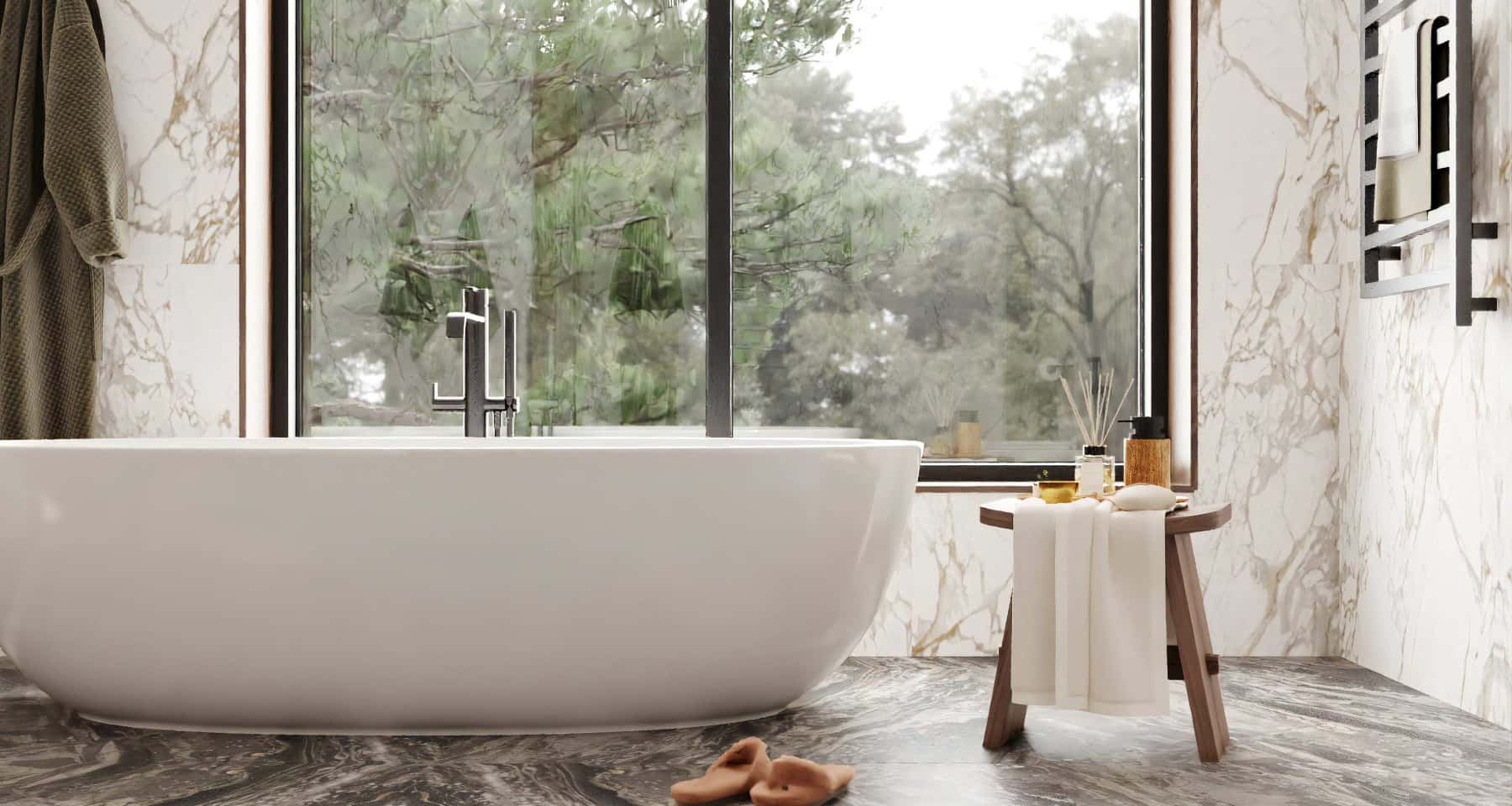 Сучасний дизайн будинку з панорамними вікнами, що відкривають вид на зелений сад.