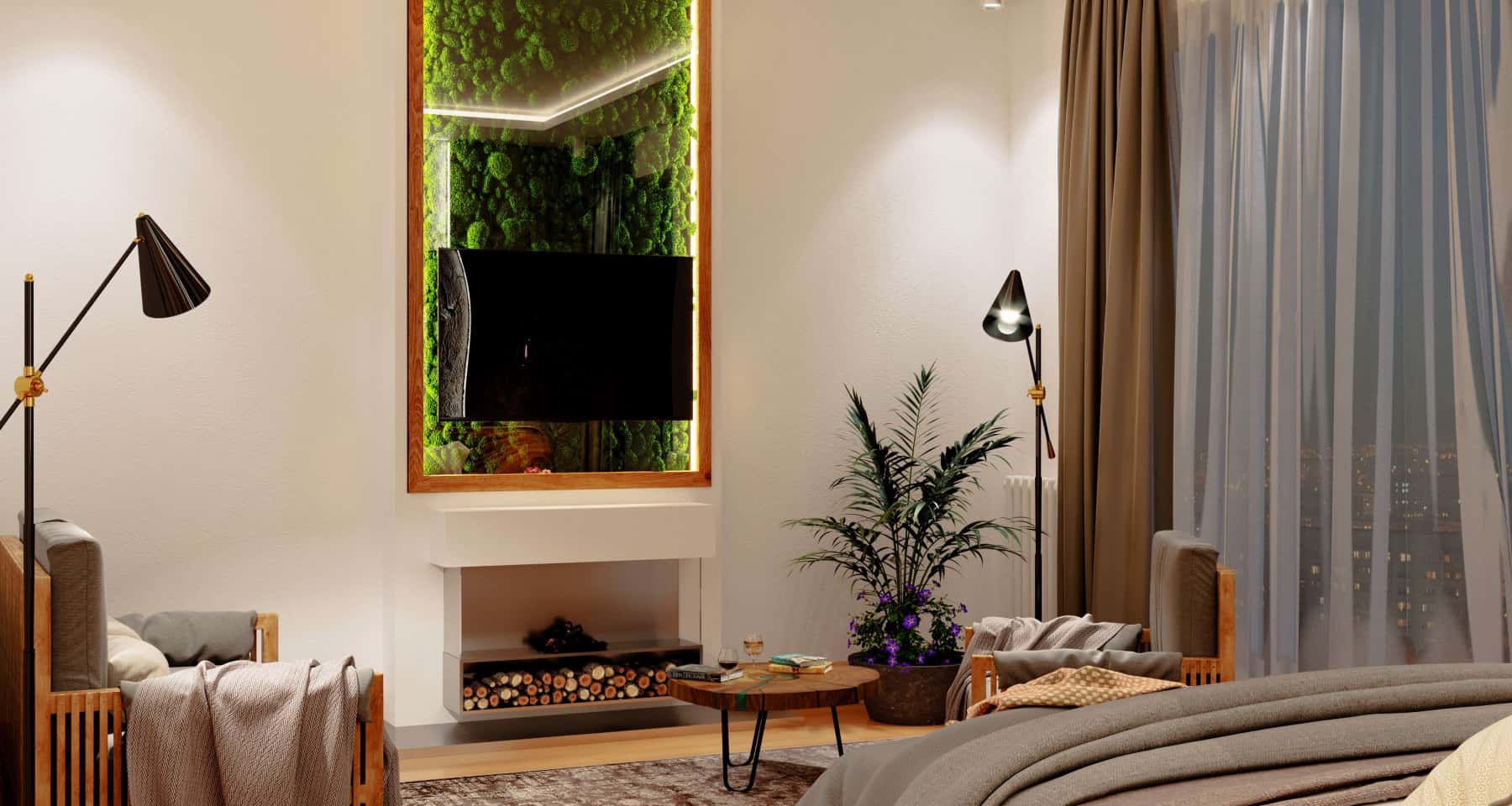 Простір вітальні з панорамними вікнами та елементами декору в стилі мінімалізм