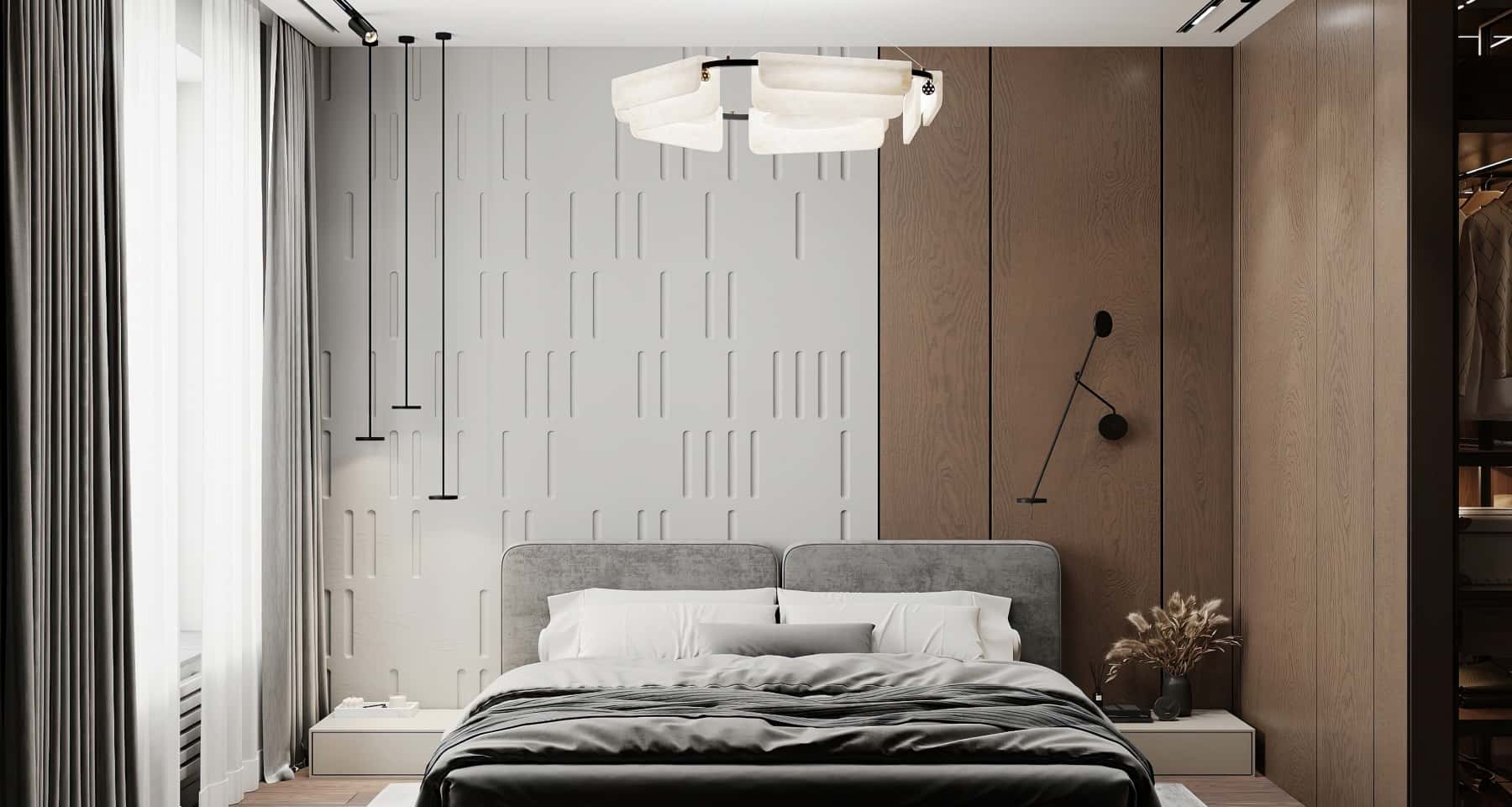 Сучасний інтер'єр з сіро-бежевою гамою, що поєднує мінімалізм та стиль лофт.