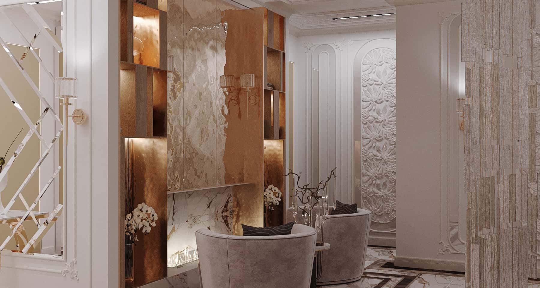 Розкішний інтер'єр преміум класу з зонуванням простору та елементами зимового саду.