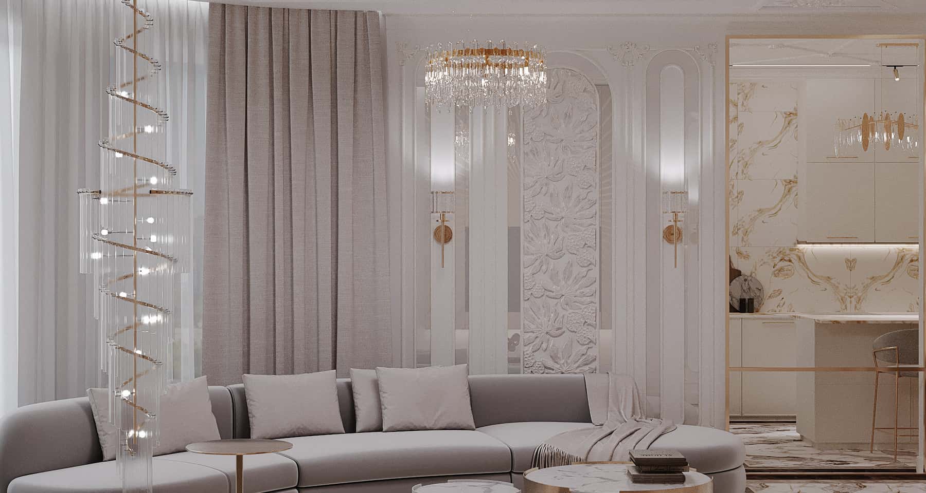 Елегантний дизайн інтер'єру преміум класу з підвісними світильниками та декоративним панно.