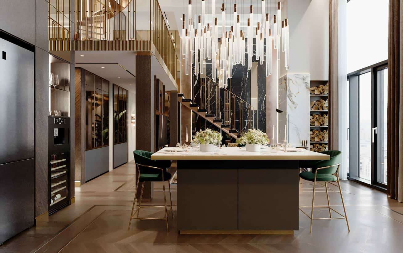 Стильний ексклюзивний інтер'єр з акцентом на освітлення та деталі декору.