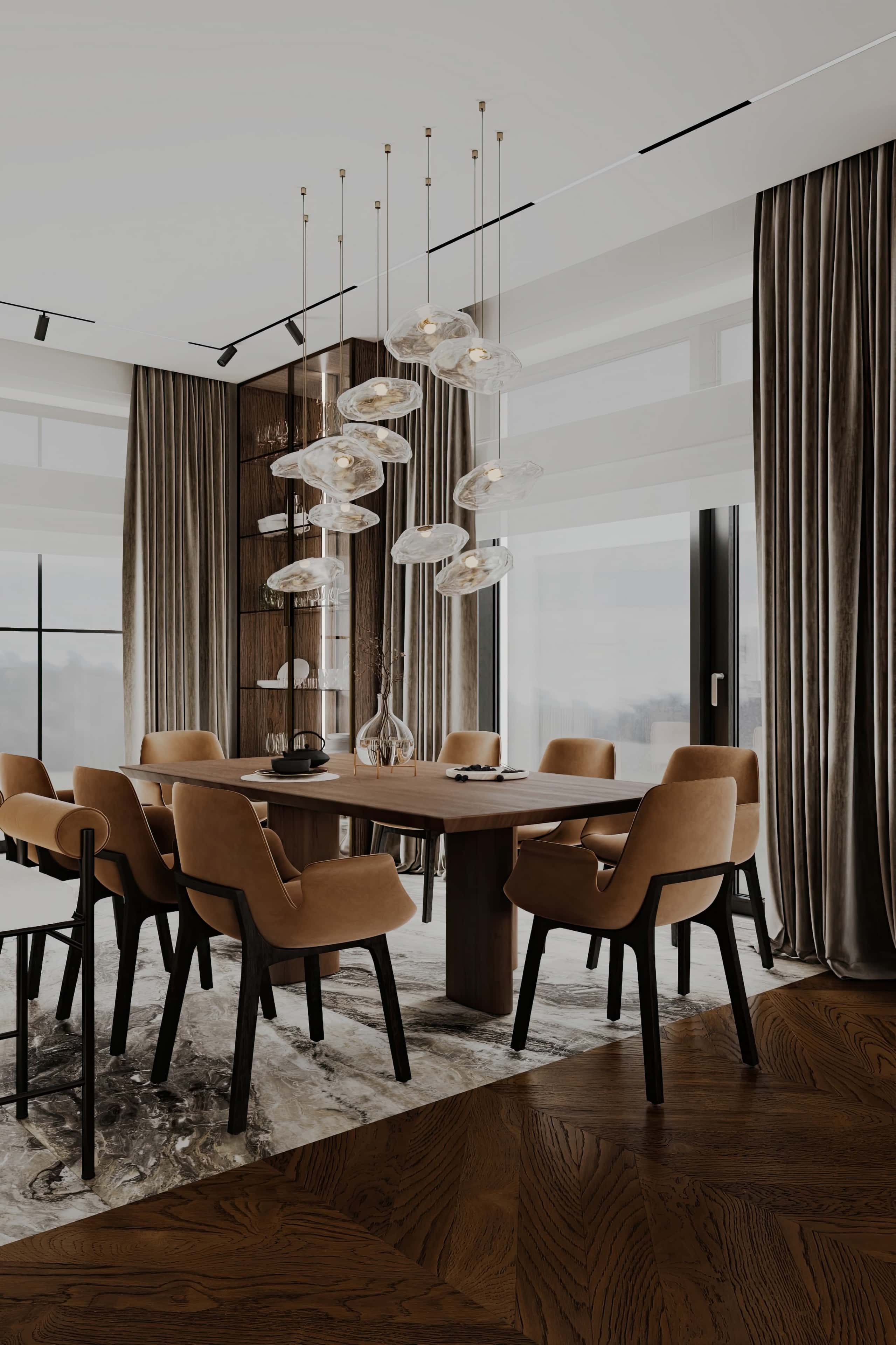 Дизайн інтер'єру преміум класу з підвісними світильниками та декоративним панно