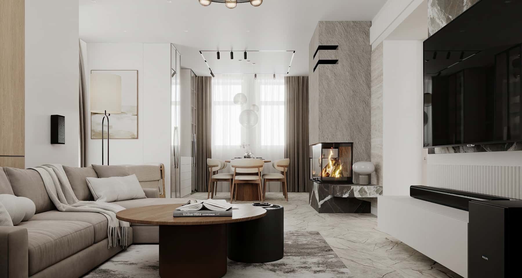 Сучасний дизайн інтер'єру: стильна їдальня з великим дерев'яним столом та елегантними стільцями.