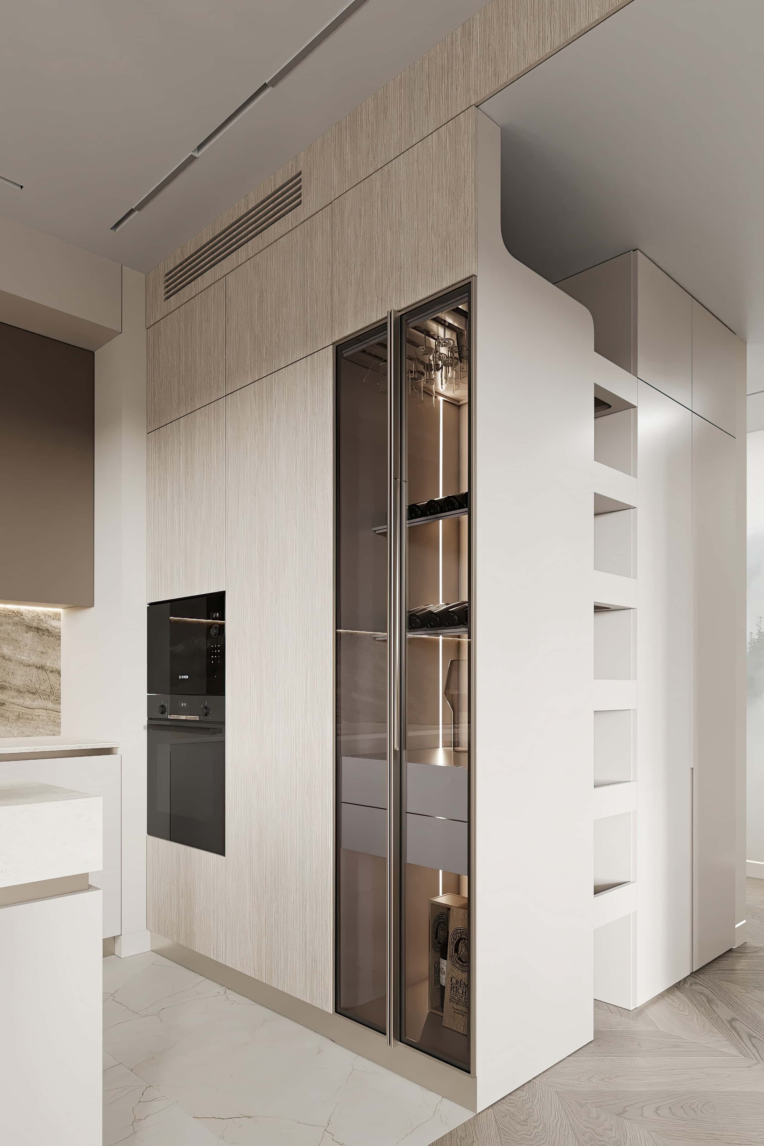 Кухня-вітальня у світлих тонах: сучасний дизайн з великим островом та зоною відпочинку.