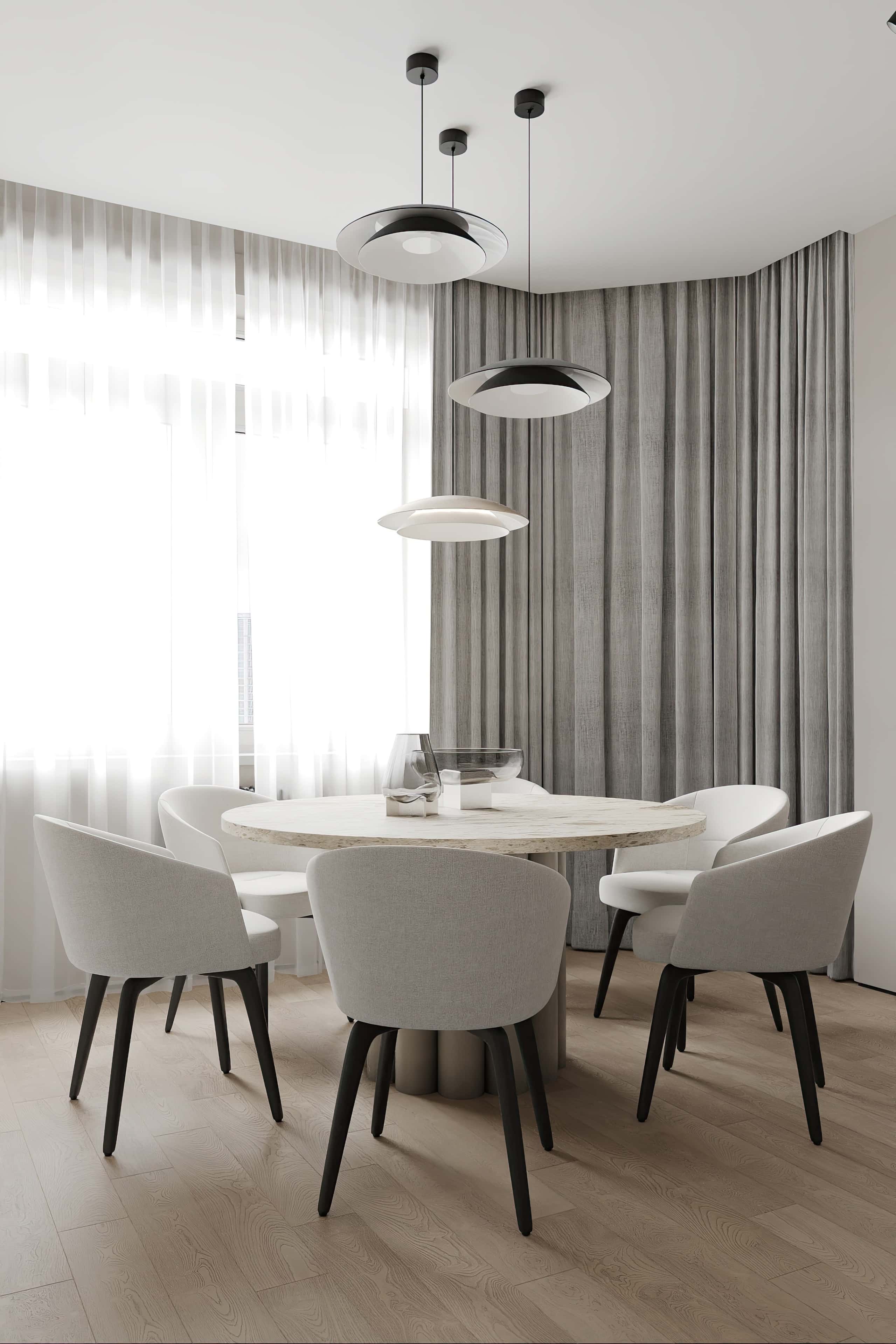 Простора кухня-вітальня 2026 у світлих тонах з великим обіднім столом