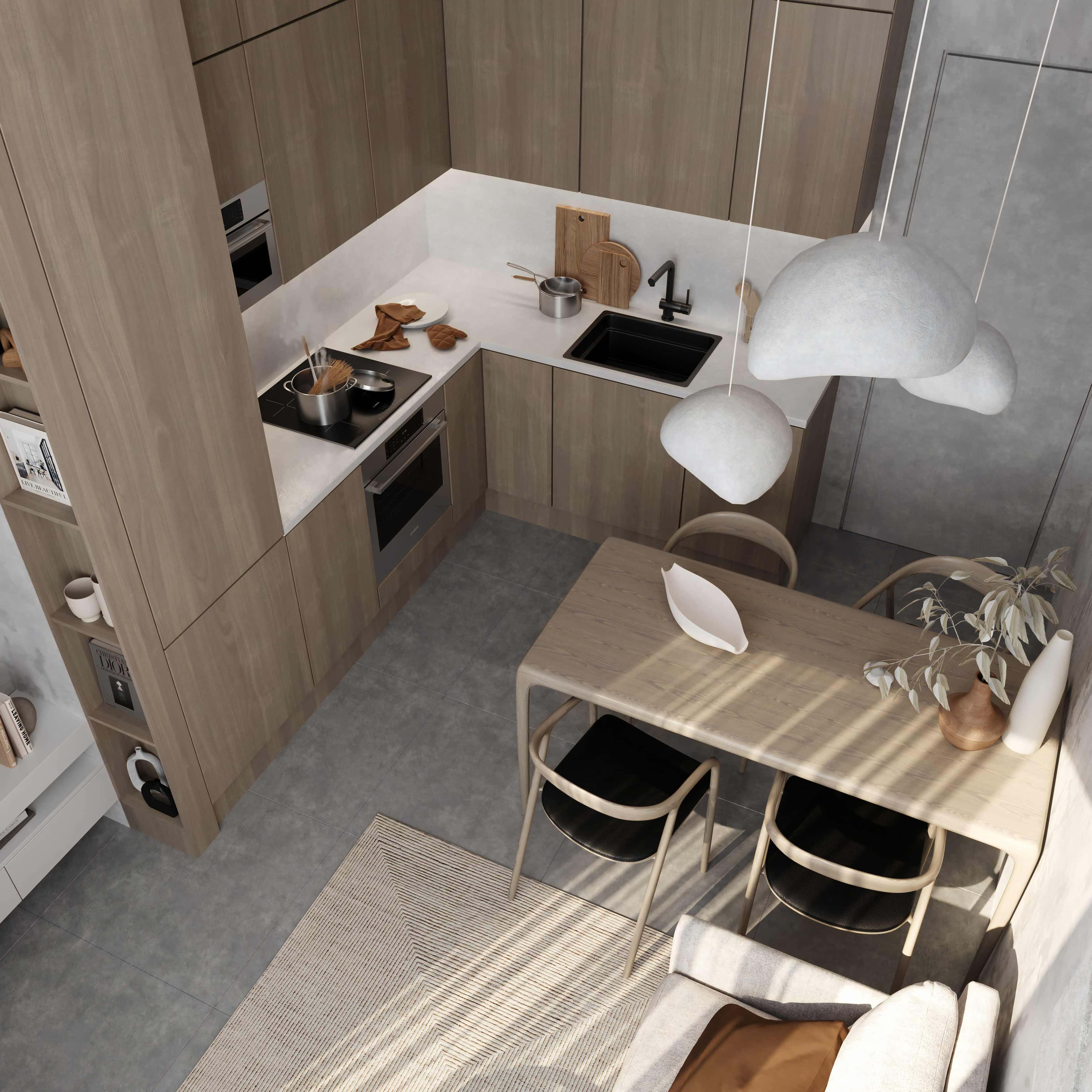 Дизайн світлої кухні 2026 року з використанням мікроцементу на стінах.