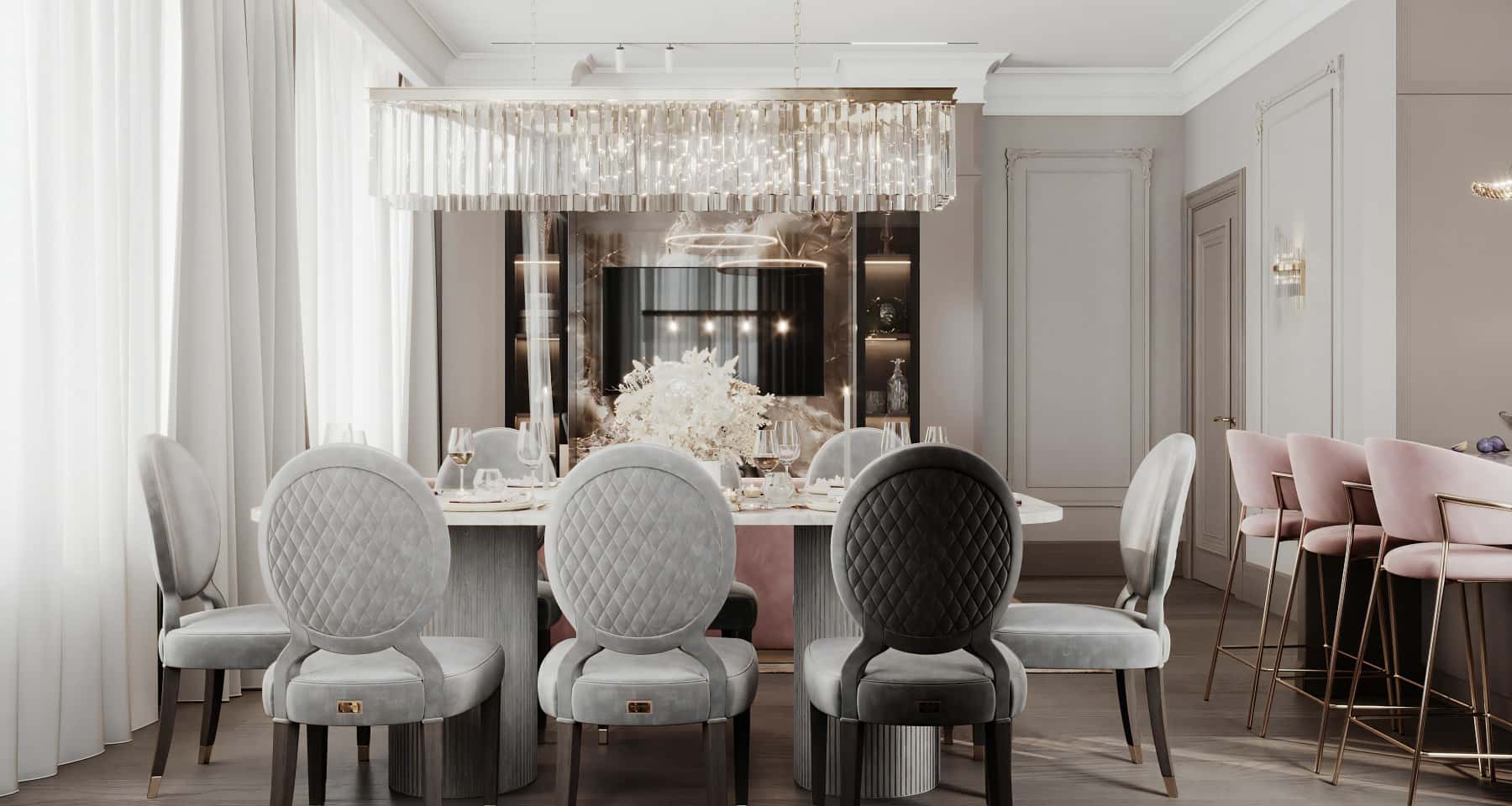 Дизайн кухні-вітальні в світлих тонах з акцентом на мармуровій стіні та еко декорі.