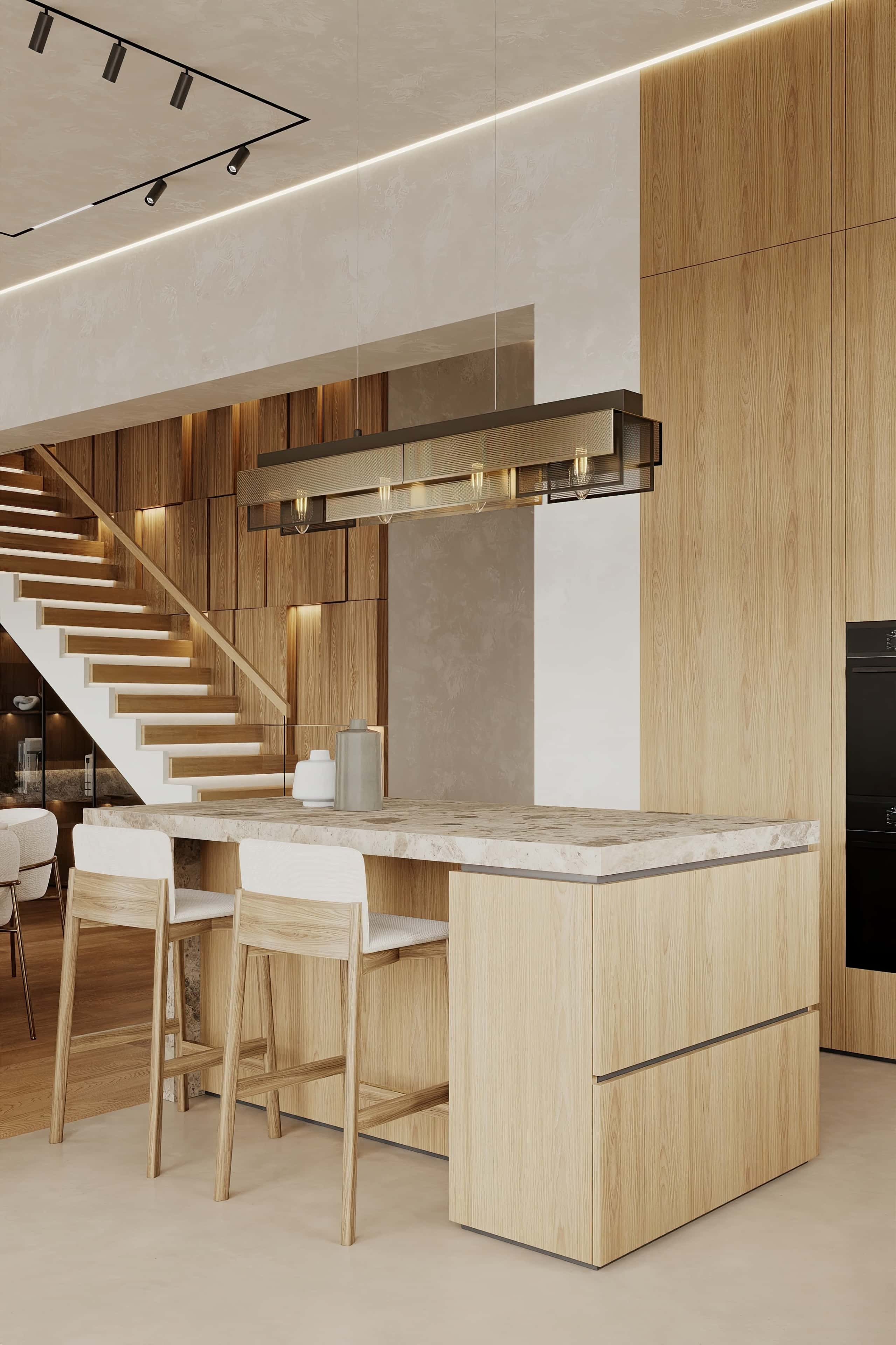 Інтер'єр світлої кухні-вітальні в мінімалістичному стилі з зеленими рослинами на підвіконні.