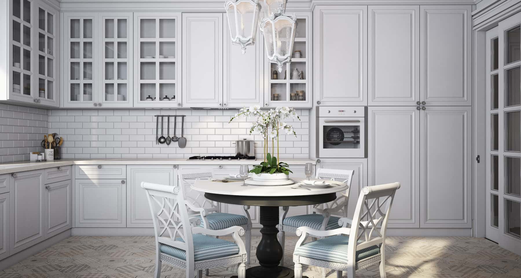 Простора світла кухня з панорамними вікнами та видом на сад, сучасний дизайн.