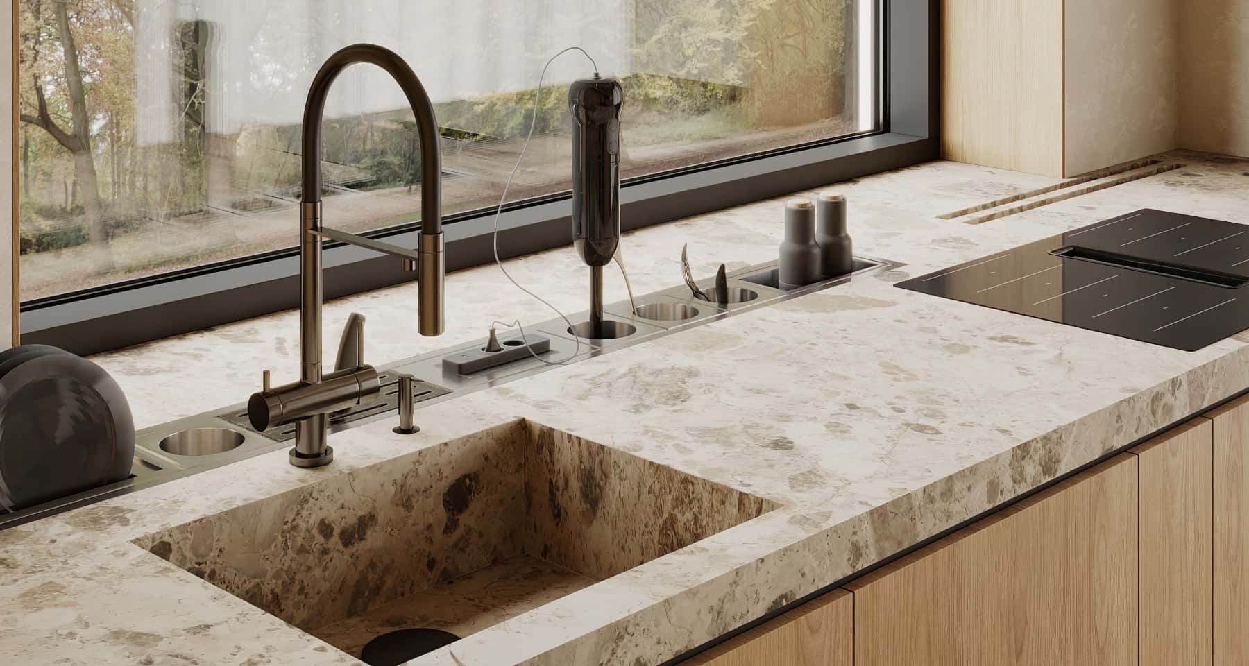 Світла кухня-вітальня в молочних тонах з мармуром, велюром та зеленими акцентами