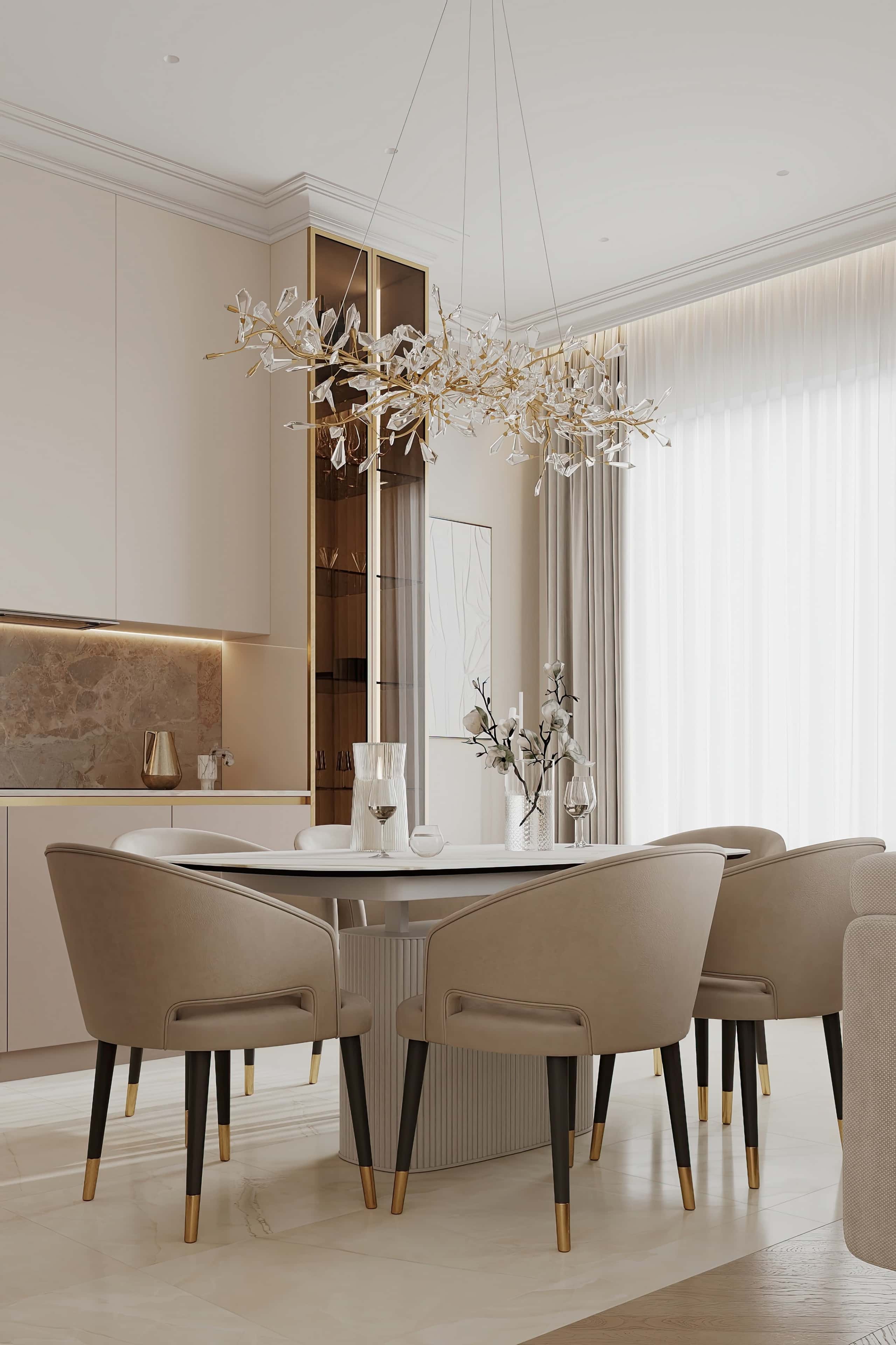 Кухня-вітальня в світлих тонах з великим островом та зручними барними стільцями.