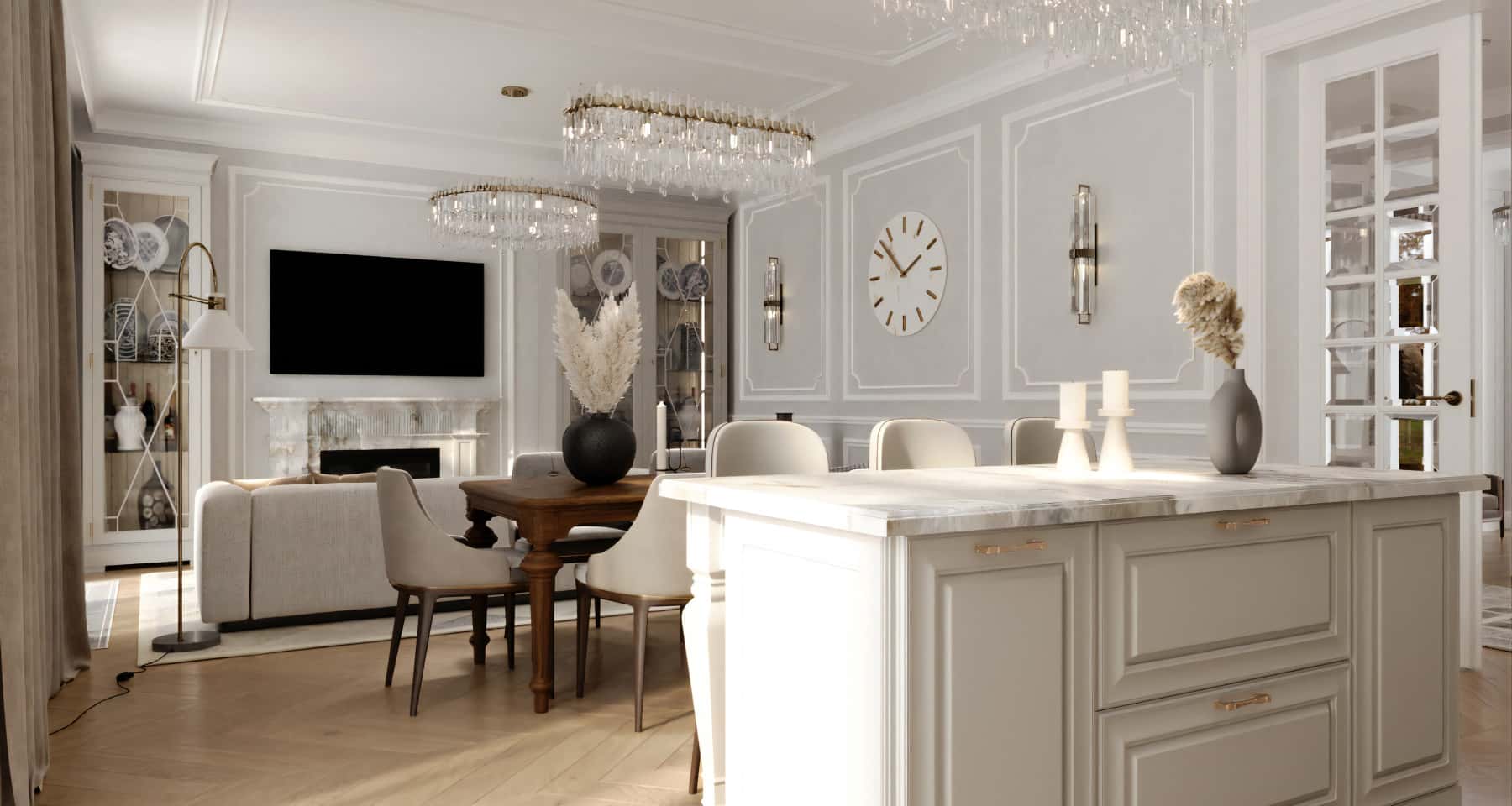 Світла кухня з великою кількістю шаф для зберігання, практичний дизайн 2026 року.