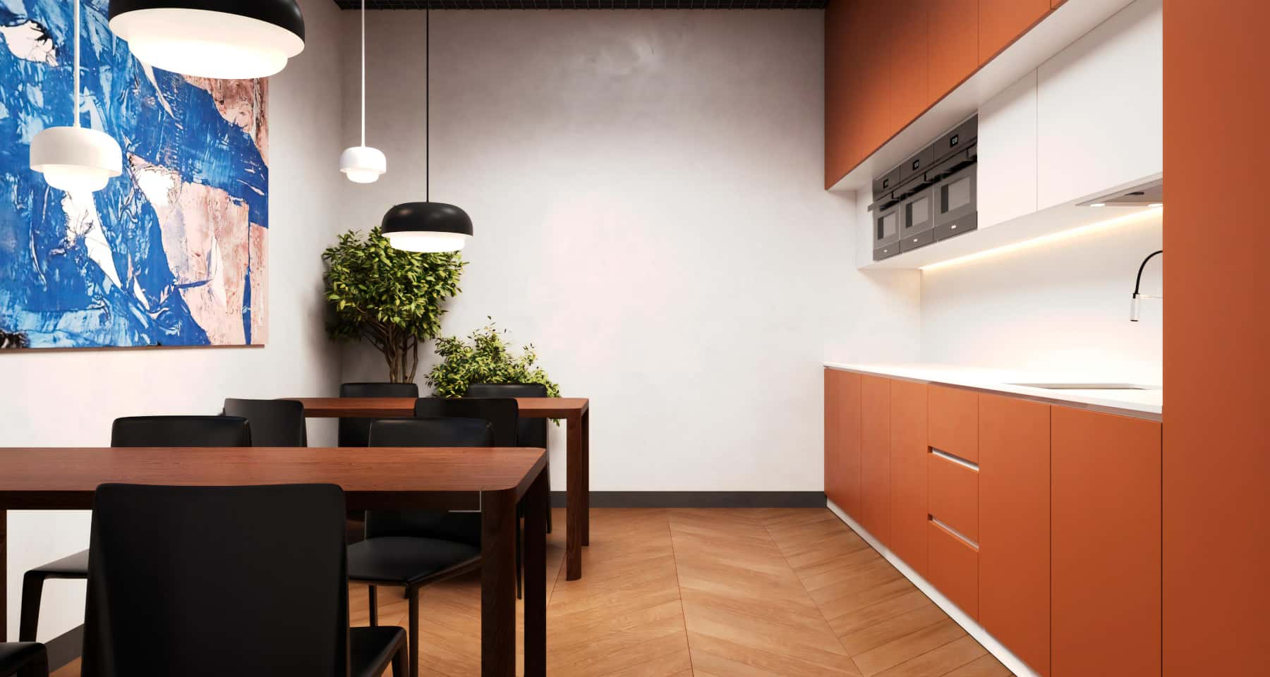 Візуалізація інтер'єру офісу з сучасним стилем та функціональними меблями