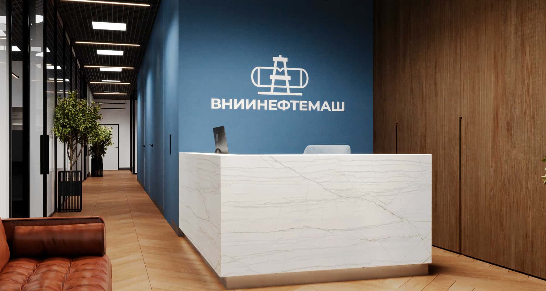 Сучасний дизайн офісного приміщення з відкритим плануванням та яскравими акцентами в корпоративних кольорах.