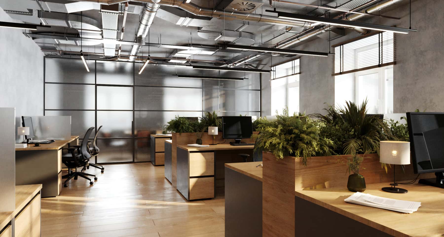 Офісний дизайн в стилі лофт з використанням яскравих акцентів у меблях та декорі.