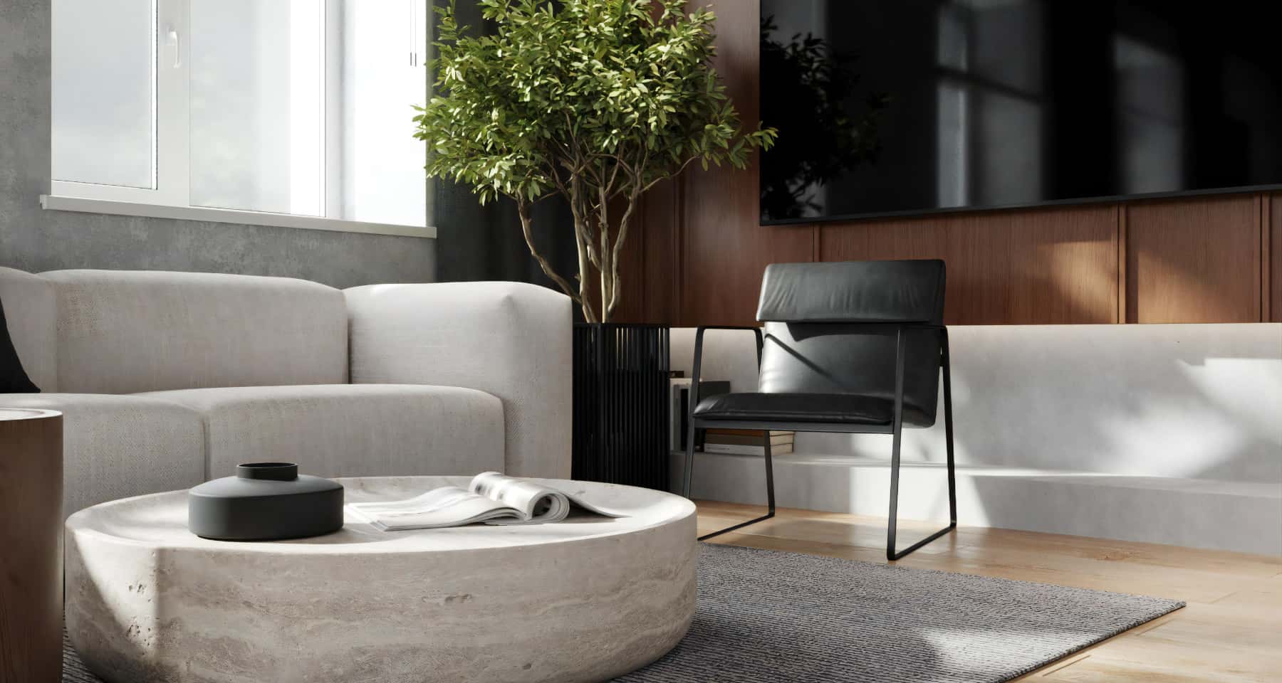 Дизайн офісу в стилі лофт: великий конференц-зал з проектором та зручними стільцями.