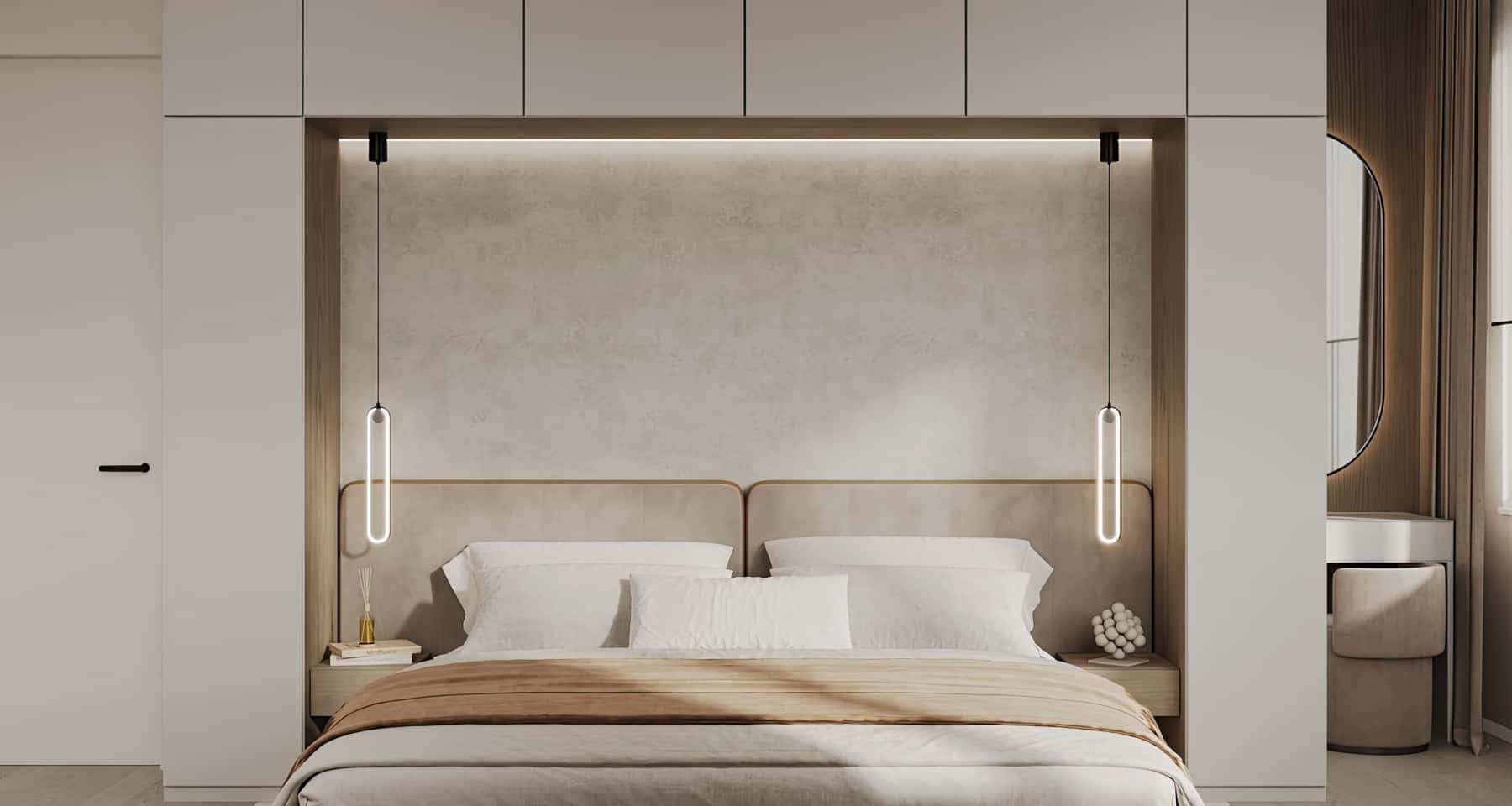 Інтер'єр квартири в стилі мінімалізм: спальня з мінімальною кількістю меблів та великим дзеркалом.