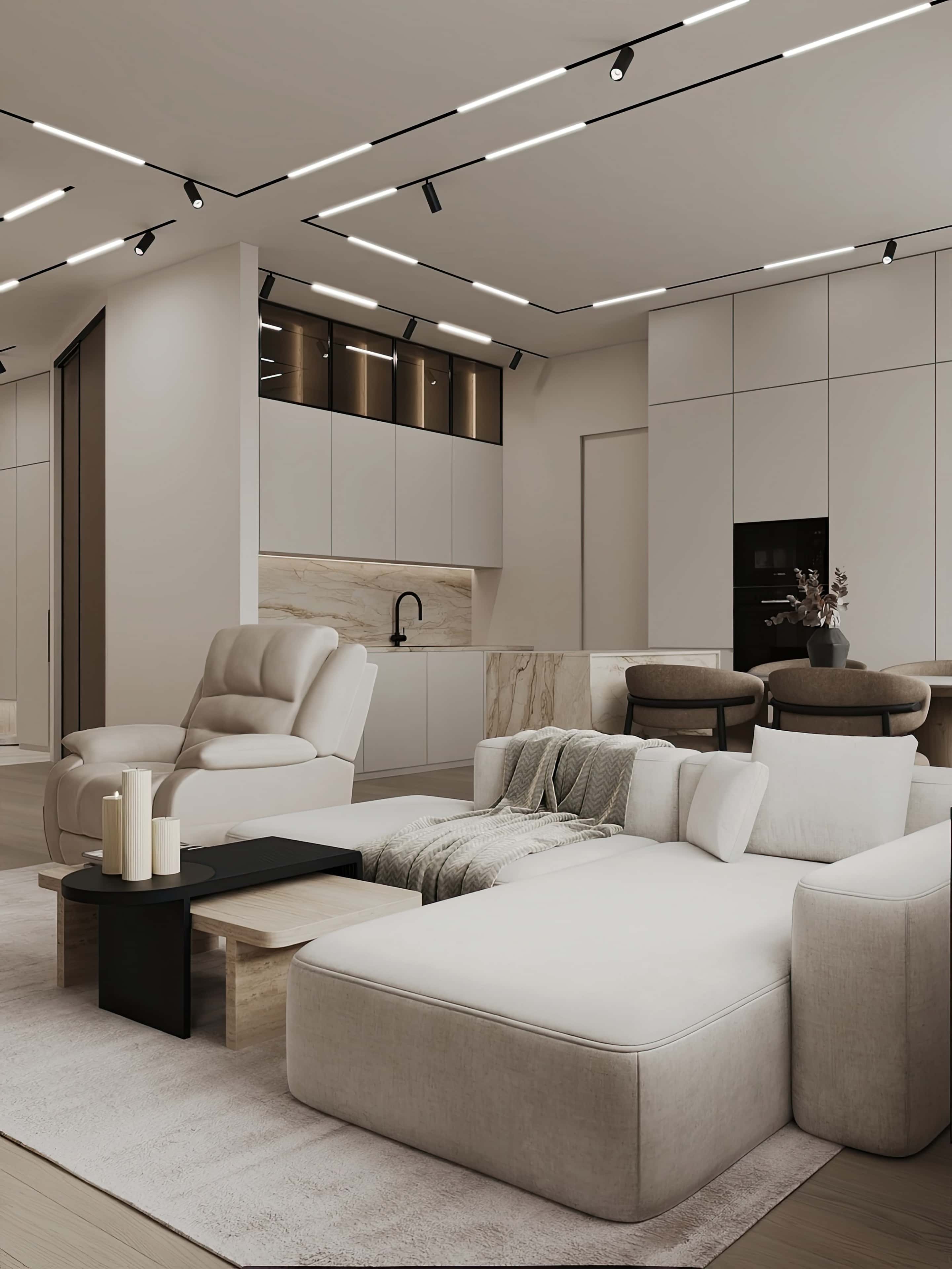 Інтер'єр 3-кімнатної квартири з акцентом на функціональність і мінімум декору в стилі мінімалізм.