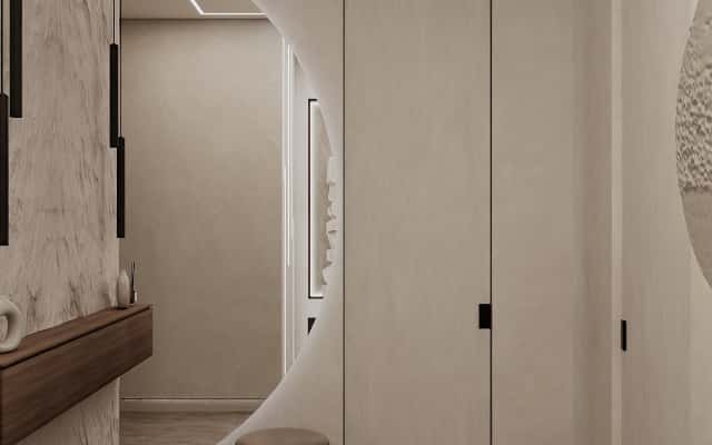 Інтер'єр трикімнатної квартири в стилі мінімалізм з використанням дерева та нейтральних кольорів.