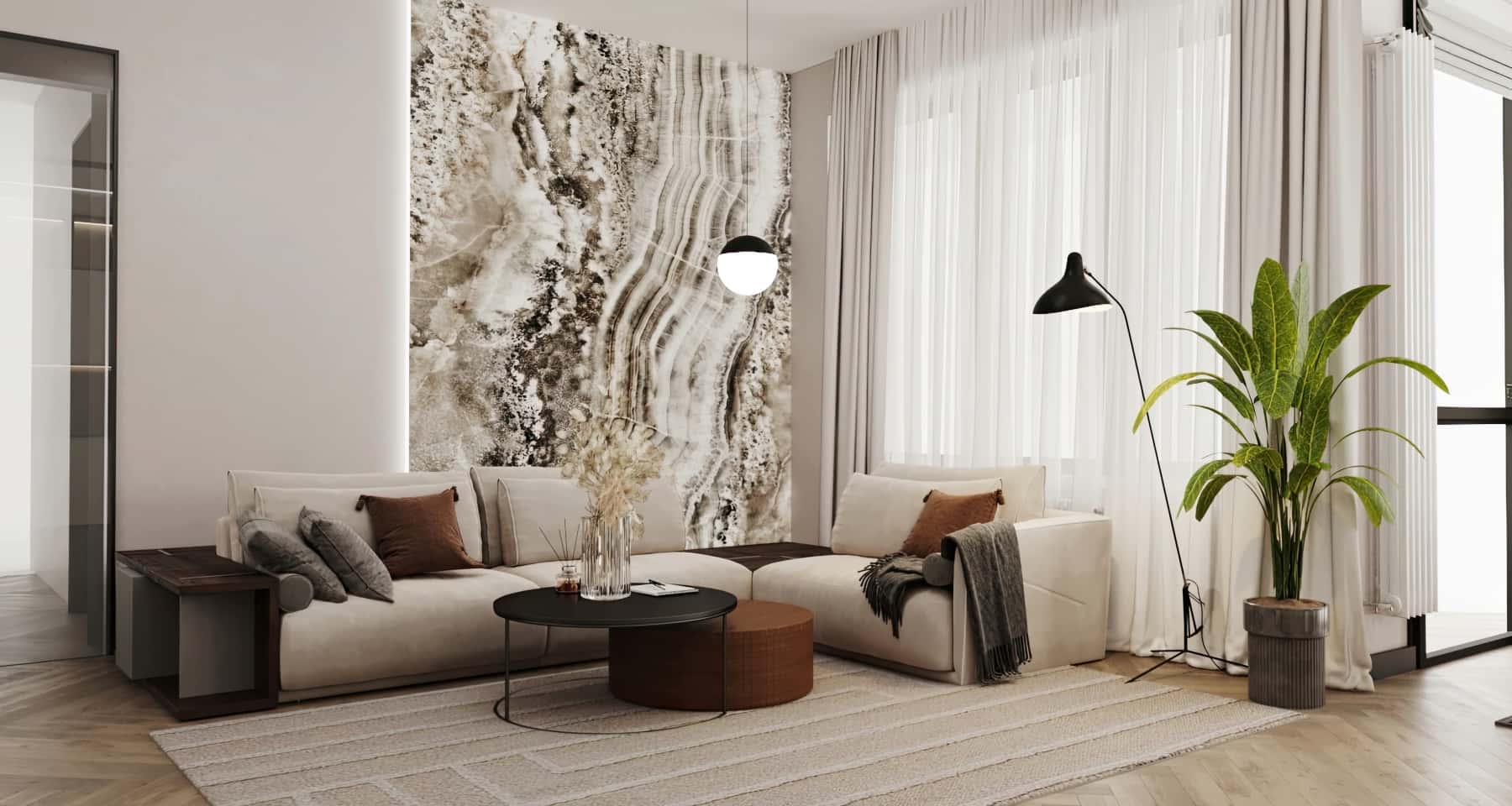 Дизайн трикімнатної квартири з відкритим плануванням вітальні та кухні в стилі модерн