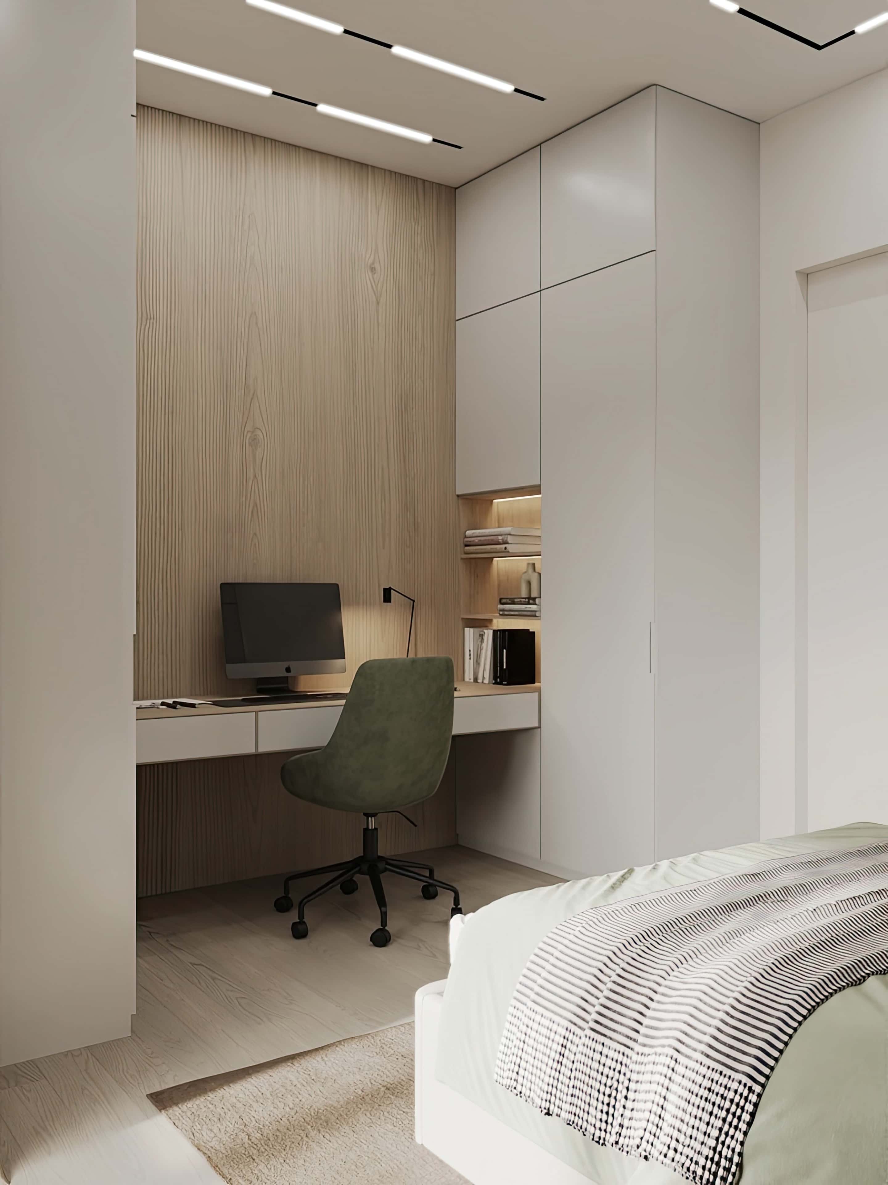 Сучасний дизайн 3-кімнатної квартири: мінімалістична кухня з білими фасадами та дерев'яною стільницею.