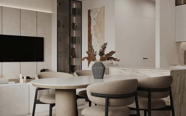 Дизайн 3-кімнатної квартири в сучасному стилі з використанням вбудованих шаф для економії простору.