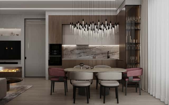 Сучасний стиль дизайну трикімнатної квартири з мінімалістичними меблями та акцентним освітленням.