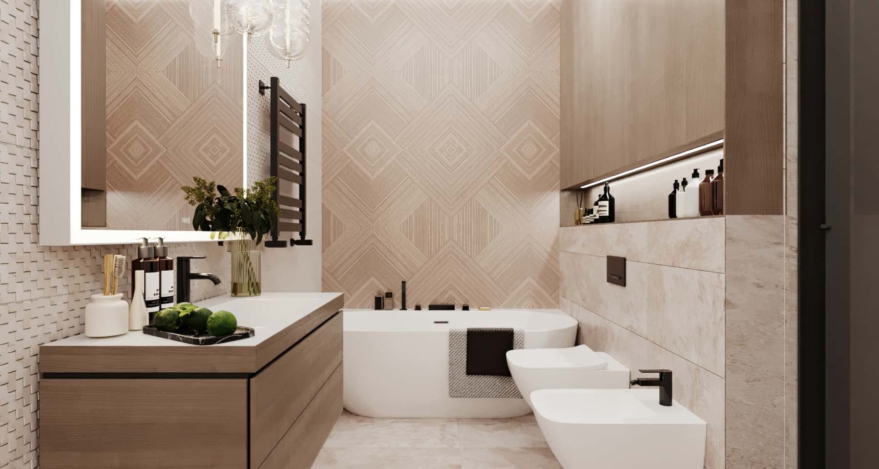 Дизайн 3-кімнатної квартири: кухня-вітальня з барною стійкою та світлим гарнітуром.