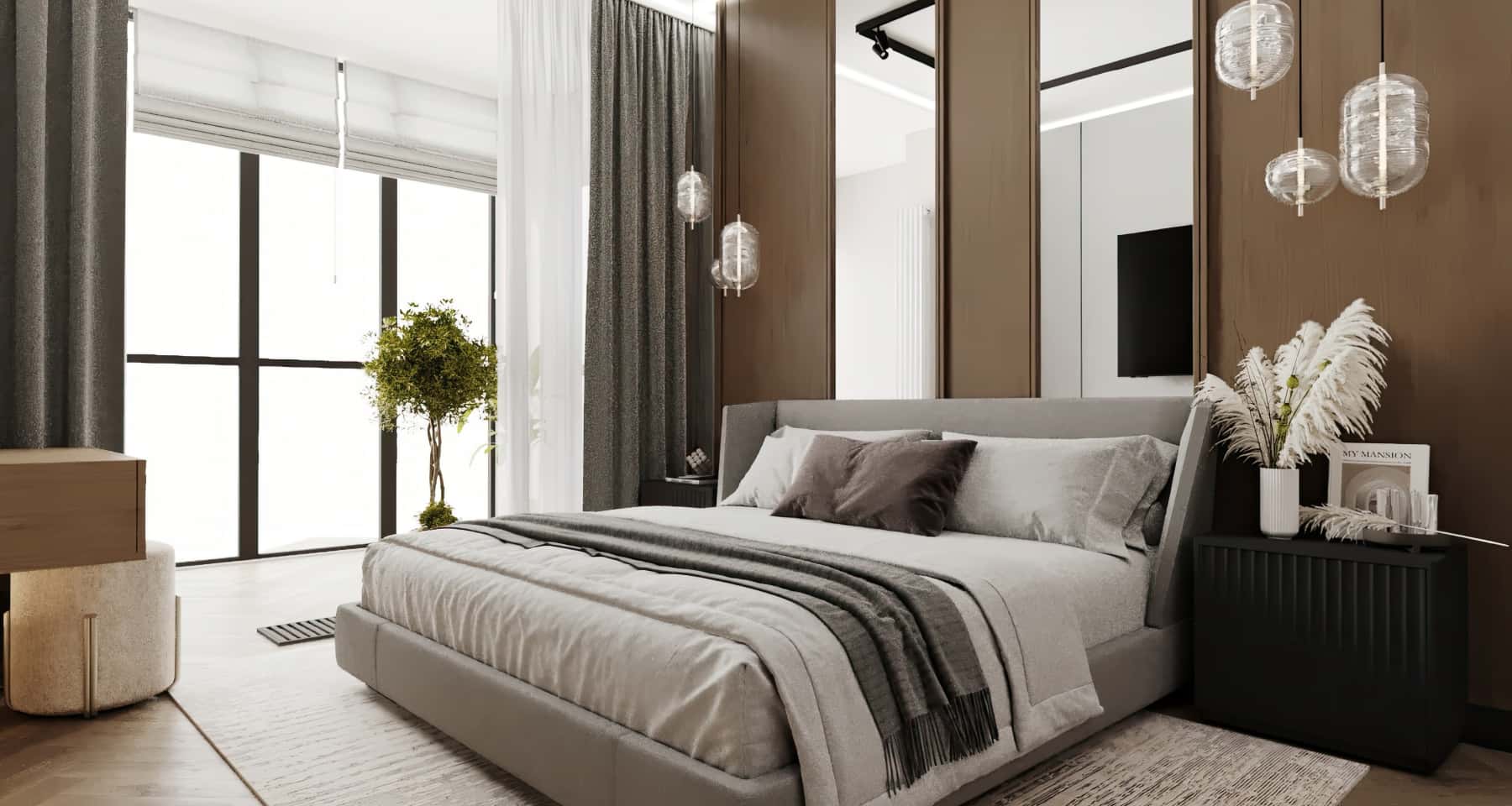 Інтер'єр 3-кімнатної квартири: вітальня з великим вікном та мінімалістичними меблями.