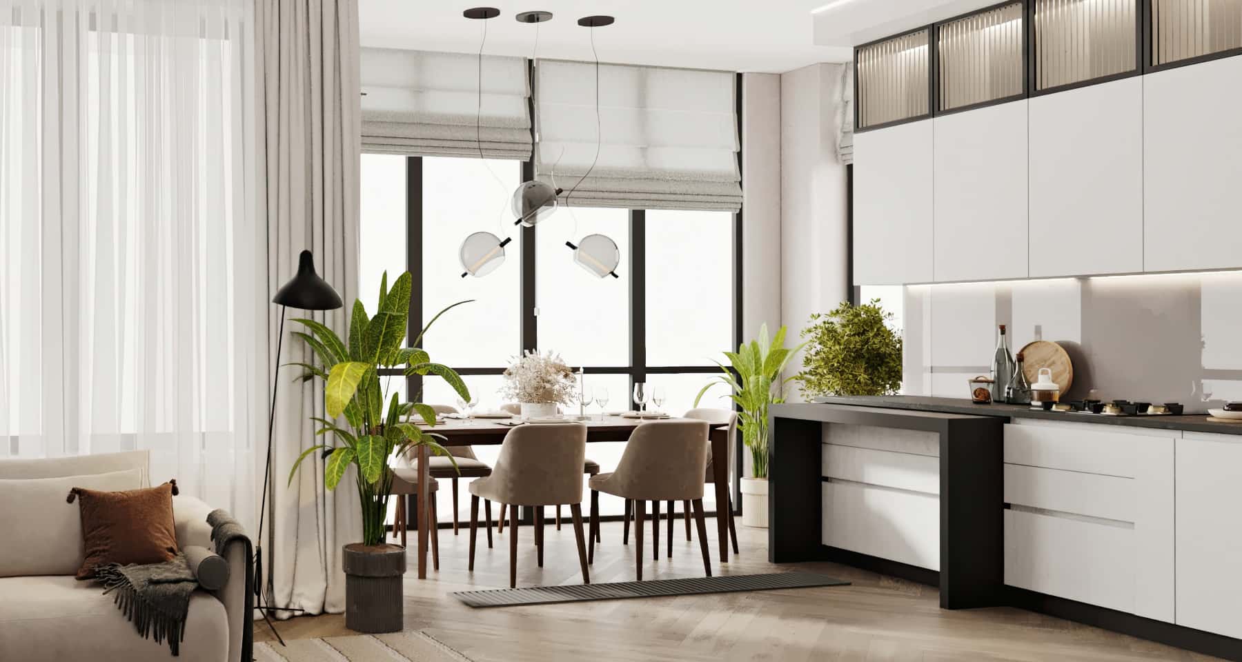 Інтер'єр трикімнатної квартири у стилі модерн з великими вікнами та сучасними меблями