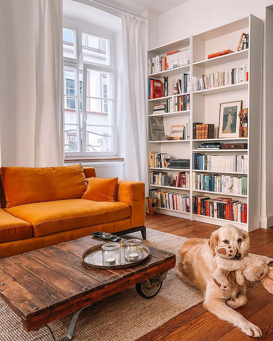 Жовтий диван в інтер'єрі, сучасний стиль, сонячна вітальня, дизайн квартири