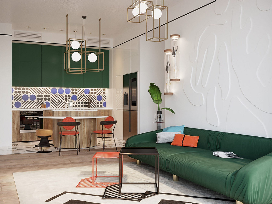 Інтер'єр вітальні з помаранчевим диваном, вдале колірне рішення, дизайн