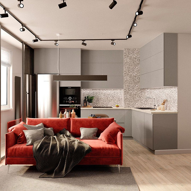 Яскравий диван в мінімалістичному інтер'єрі, як спосіб додати кольору кімнаті