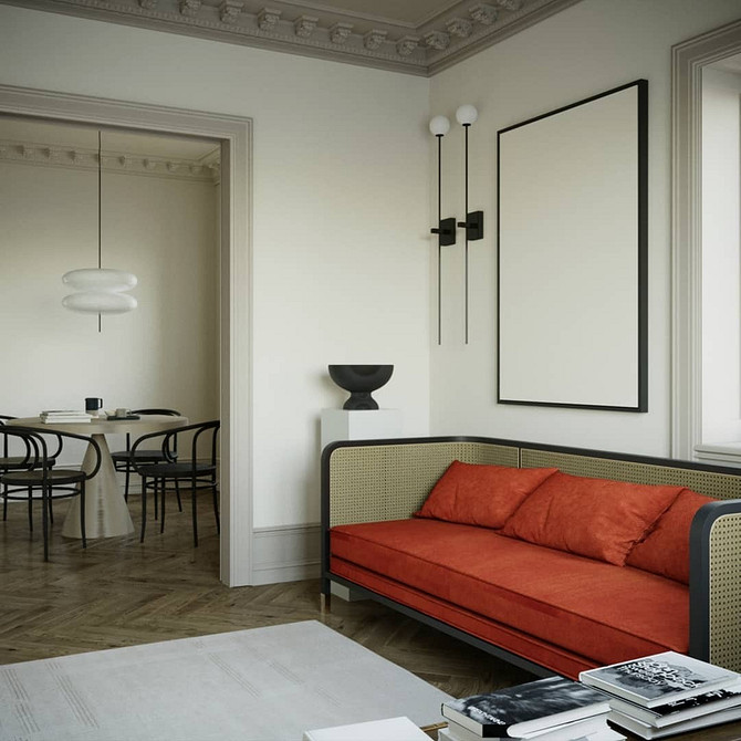 Сучасний інтер'єр з яскравим синім диваном, стильний дизайн вітальні