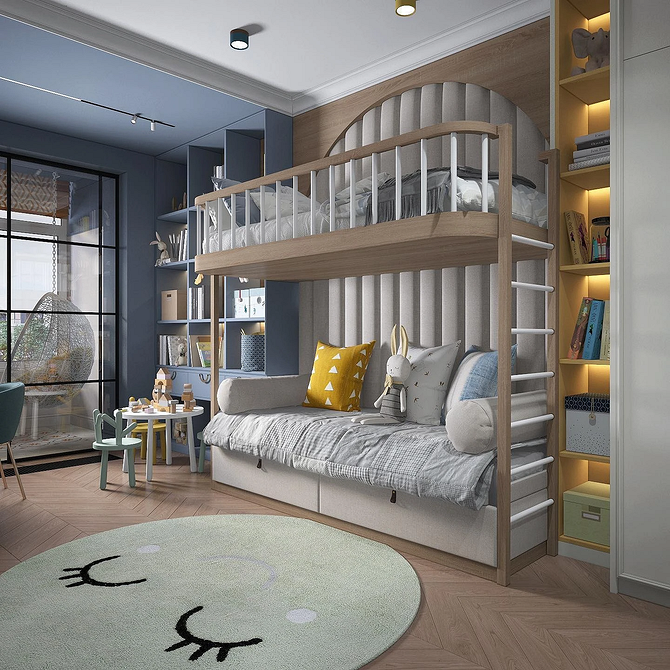 Сучасне двоярусне ліжко з диваном внизу для невеликої дитячої кімнати.