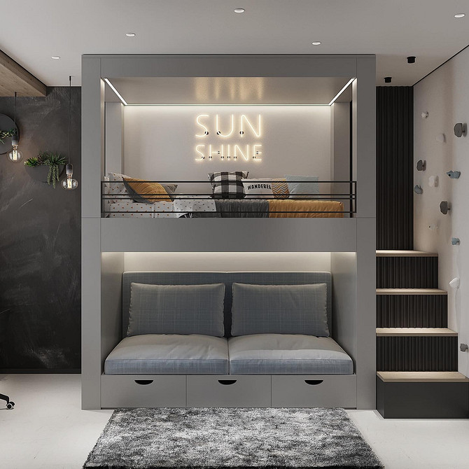 Двоярусне ліжко з диваном в дитячій кімнаті з оригінальним дизайном і тематичним оформленням.