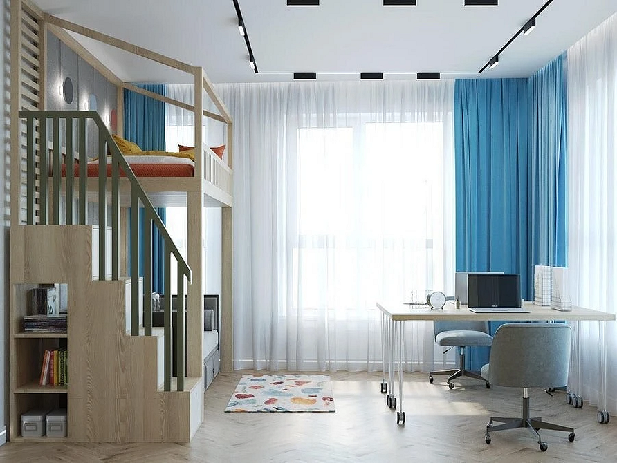 Елегантне ліжко-горище з диваном, вбудоване у шафу, для максимальної економії простору.