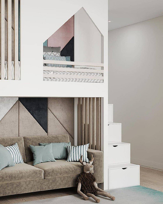 Двоярусне ліжко з диваном та яскравими акцентами в дизайні дитячої кімнати.