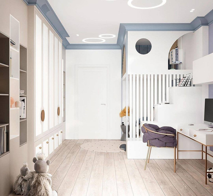 Стильне двоярусне ліжко з диваном з дерев'яними сходами для безпечного підйому на верхній ярус.